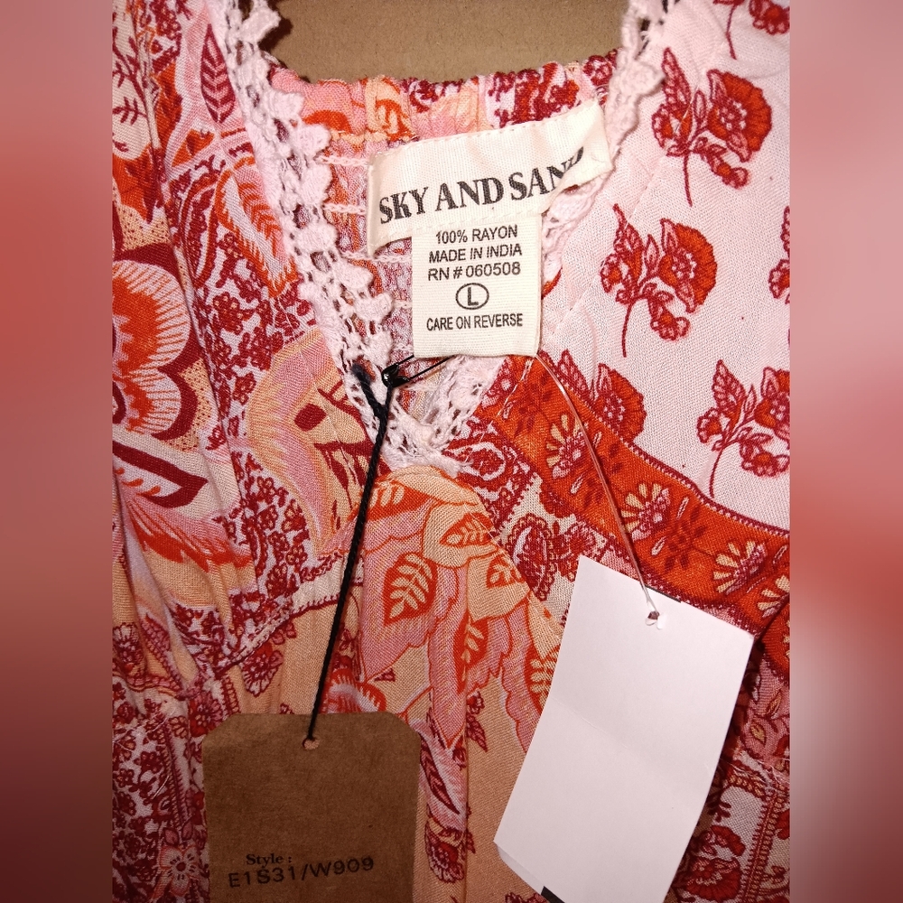Sky & Sand Women's White Orange Red Dress Belted Large V Neck Stretch - Picture 2 of 11